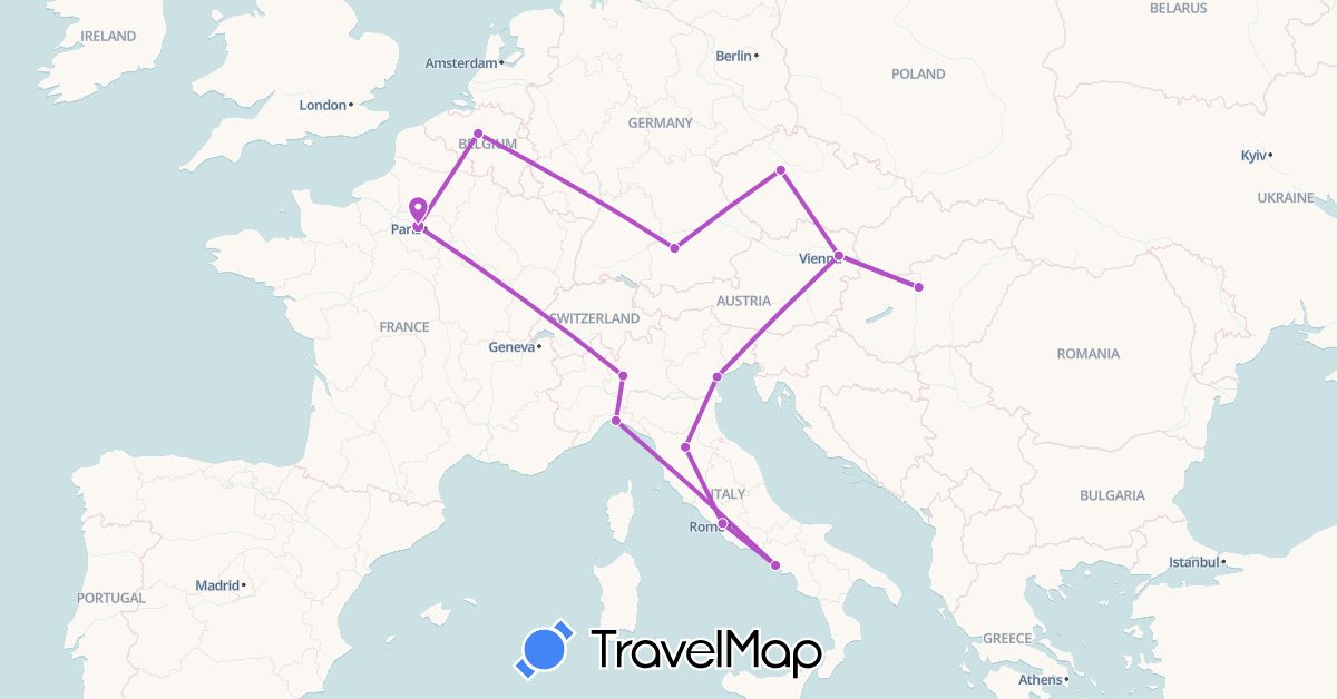 TravelMap itinerary: driving, train in Austria, Belgium, Czech Republic, Germany, France, Hungary, Italy (Europe)